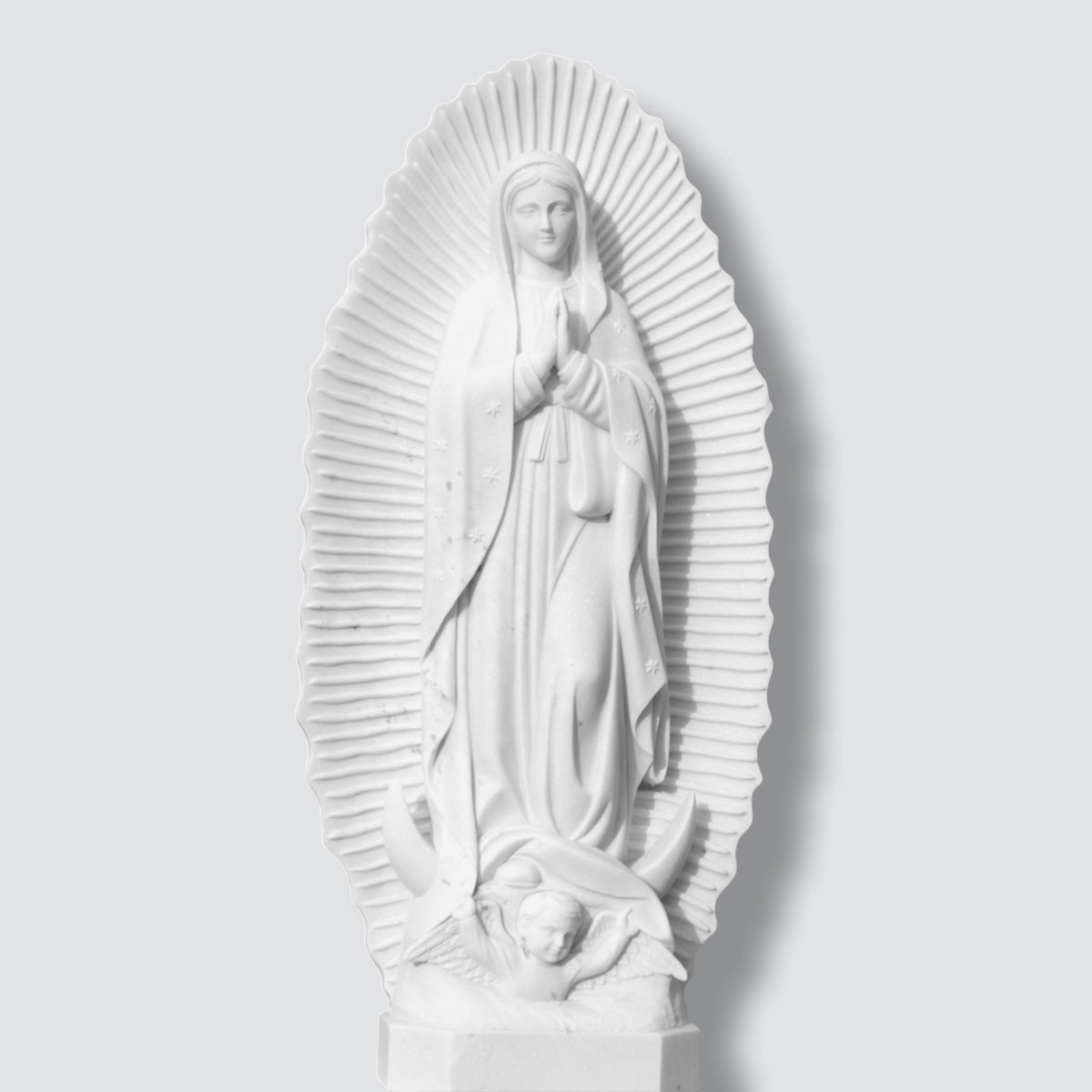 Natural White Marble Our Lady of Guadalupe Statue with Angel Base for Outdoor Garden, Church, and Religious Courtyard Decor
