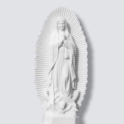 Natural White Marble Our Lady of Guadalupe Statue with Angel Base for Outdoor Garden, Church, and Religious Courtyard Decor