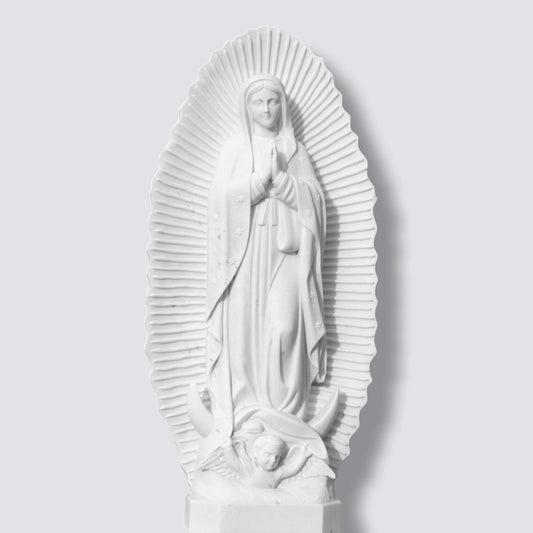 Natural White Marble Our Lady of Guadalupe Statue with Angel Base for Outdoor Garden, Church, and Religious Courtyard Decor