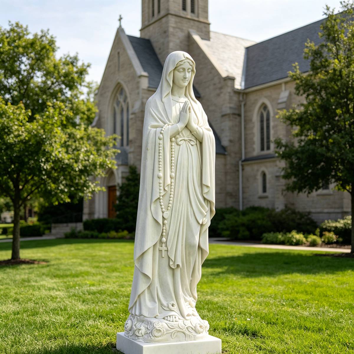 Natural White Marble Our Lady of Lourdes Statue with Rosary and Rose Base for Outdoor Garden, Church, and Religious Courtyard Decor