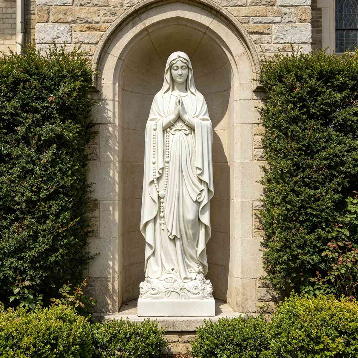 Natural White Marble Our Lady of Lourdes Statue with Rosary and Rose Base for Outdoor Garden, Church, and Religious Courtyard Decor