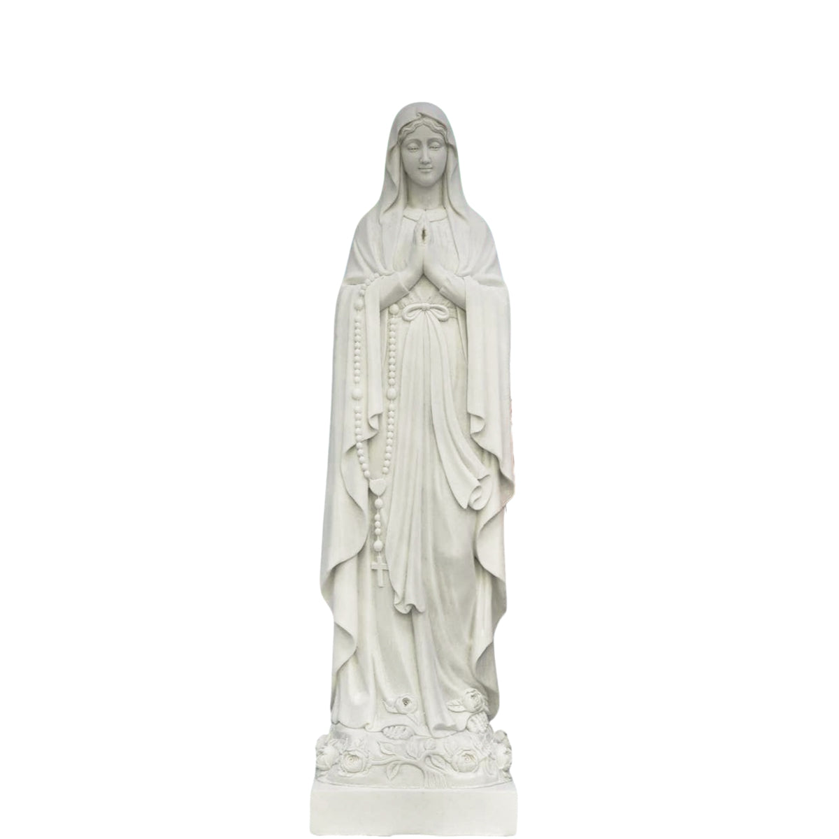Natural White Marble Our Lady of Lourdes Statue with Rosary and Rose Base for Outdoor Garden, Church, and Religious Courtyard Decor
