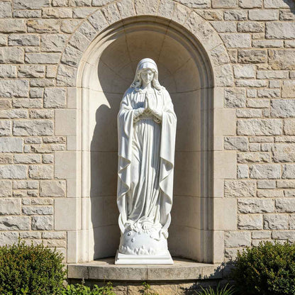 Natural White Marble Our Lady of the Immaculate Conception Statue Crushing Serpent on Globe Base for Outdoor Garden, Church, and Shrine Decor