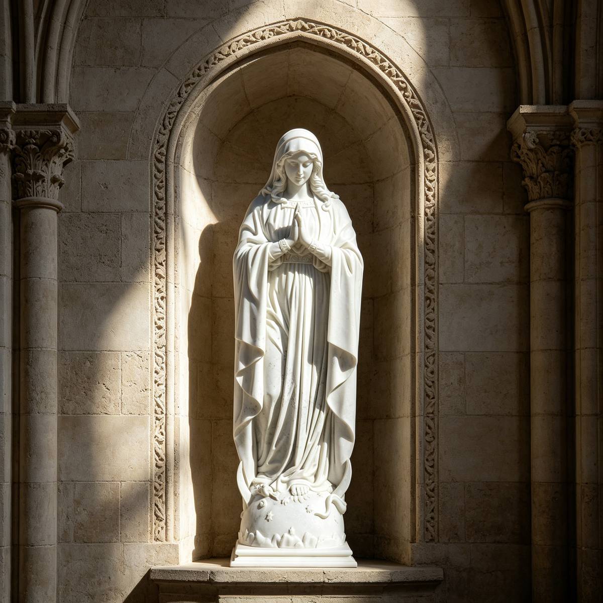 Natural White Marble Our Lady of the Immaculate Conception Statue Crushing Serpent on Globe Base for Outdoor Garden, Church, and Shrine Decor