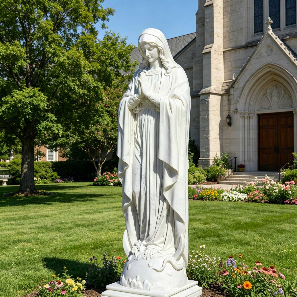Natural White Marble Our Lady of the Immaculate Conception Statue Crushing Serpent on Globe Base for Outdoor Garden, Church, and Shrine Decor