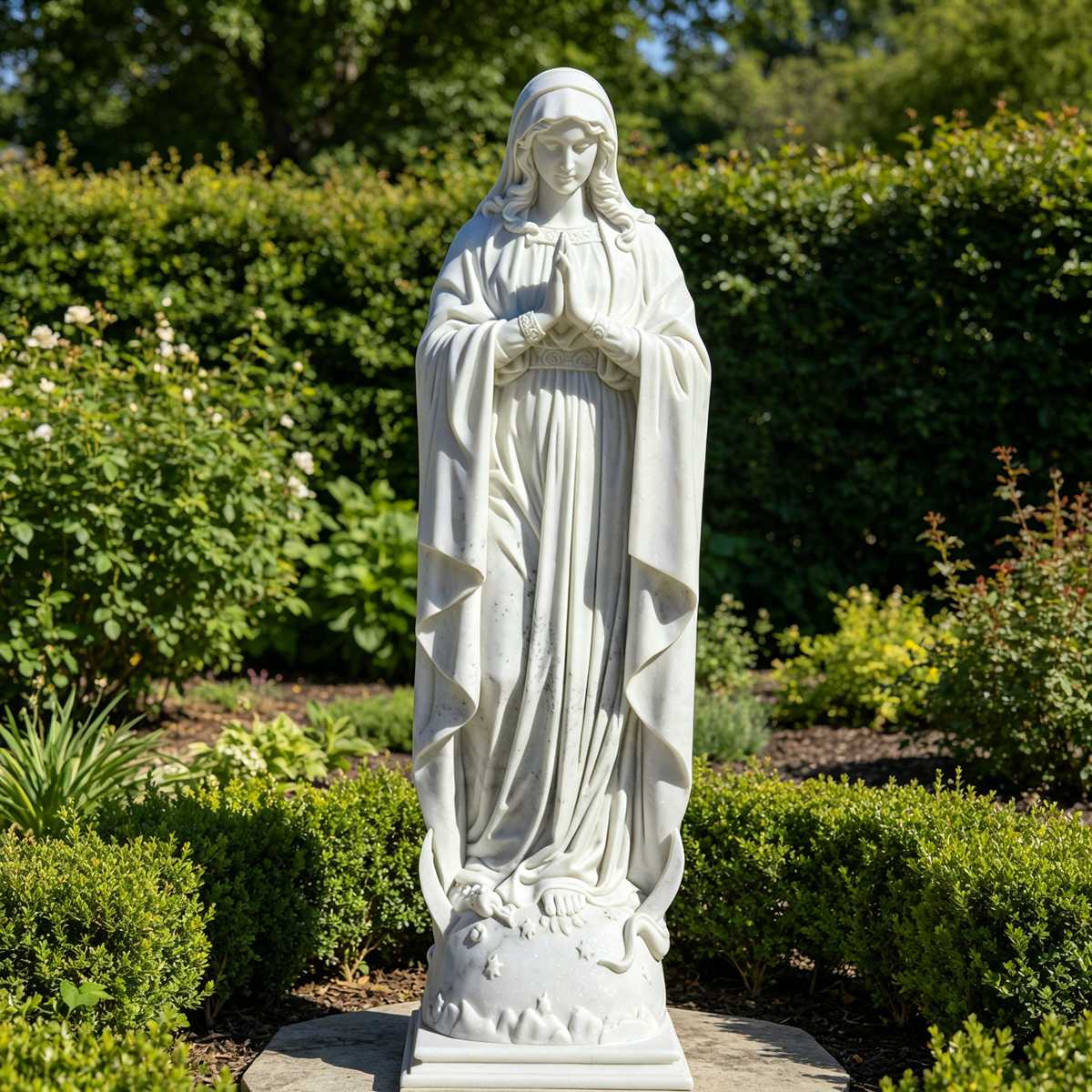 Natural White Marble Our Lady of the Immaculate Conception Statue Crushing Serpent on Globe Base for Outdoor Garden, Church, and Shrine Decor