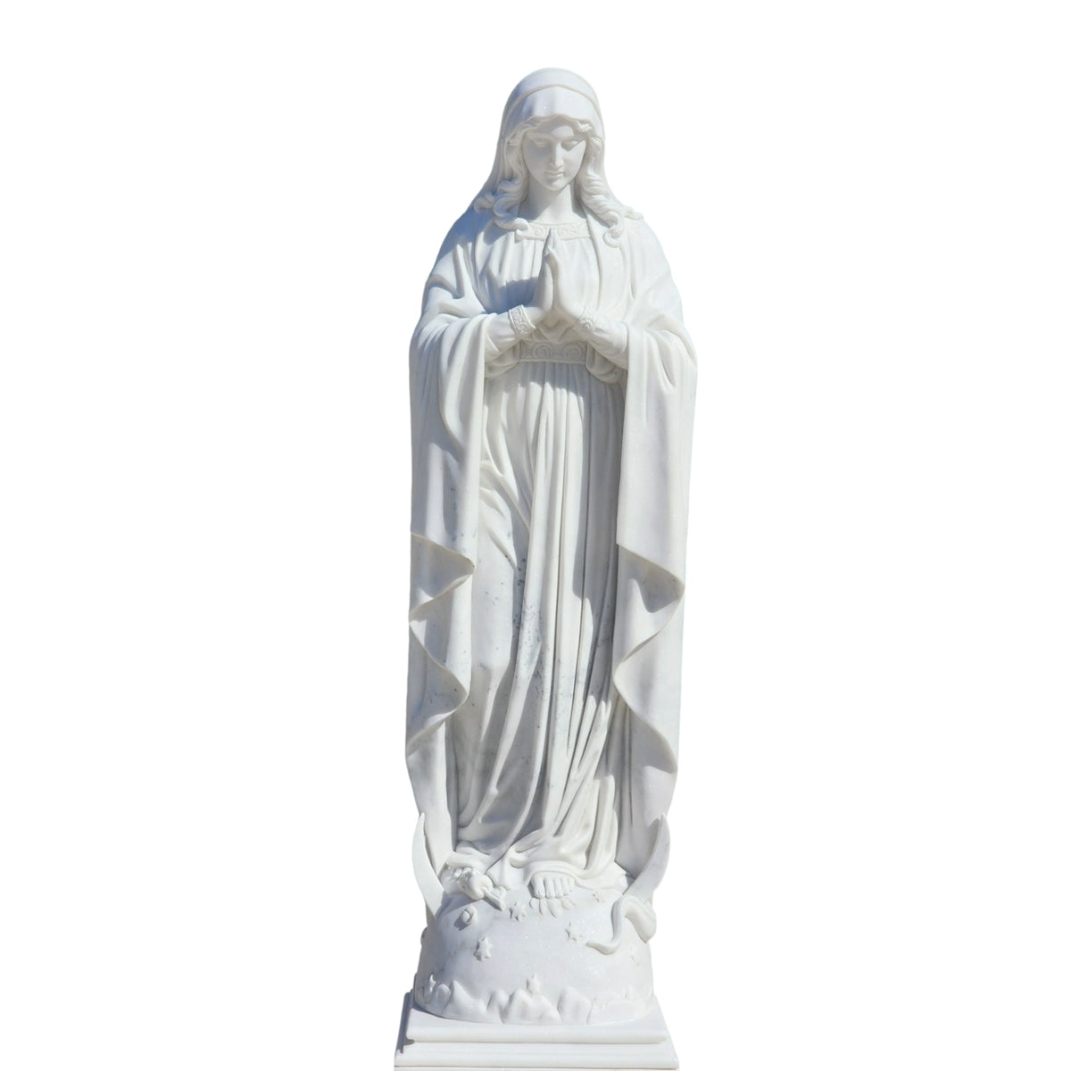 Natural White Marble Our Lady of the Immaculate Conception Statue Crushing Serpent on Globe Base for Outdoor Garden, Church, and Shrine Decor