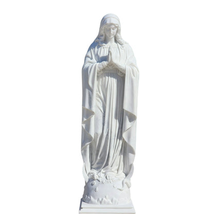 Natural White Marble Our Lady of the Immaculate Conception Statue Crushing Serpent on Globe Base for Outdoor Garden, Church, and Shrine Decor