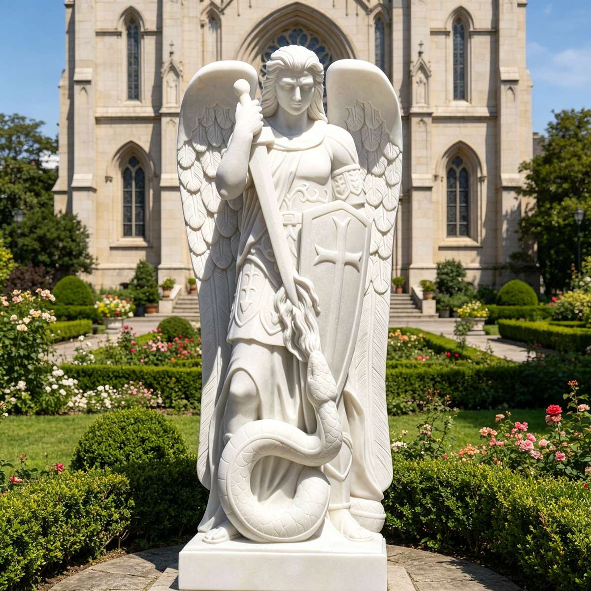Natural White Marble Saint Michael Archangel Statue for Churches, Religious Gardens or Sacred Places of Prayer