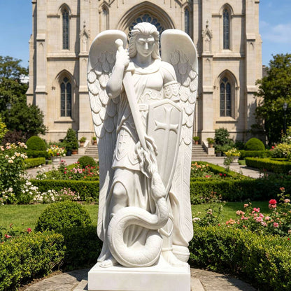 Natural White Marble Saint Michael Archangel Statue for Churches, Religious Gardens or Sacred Places of Prayer