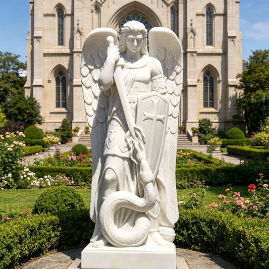 Natural White Marble Saint Michael Archangel Statue for Churches, Religious Gardens or Sacred Places of Prayer