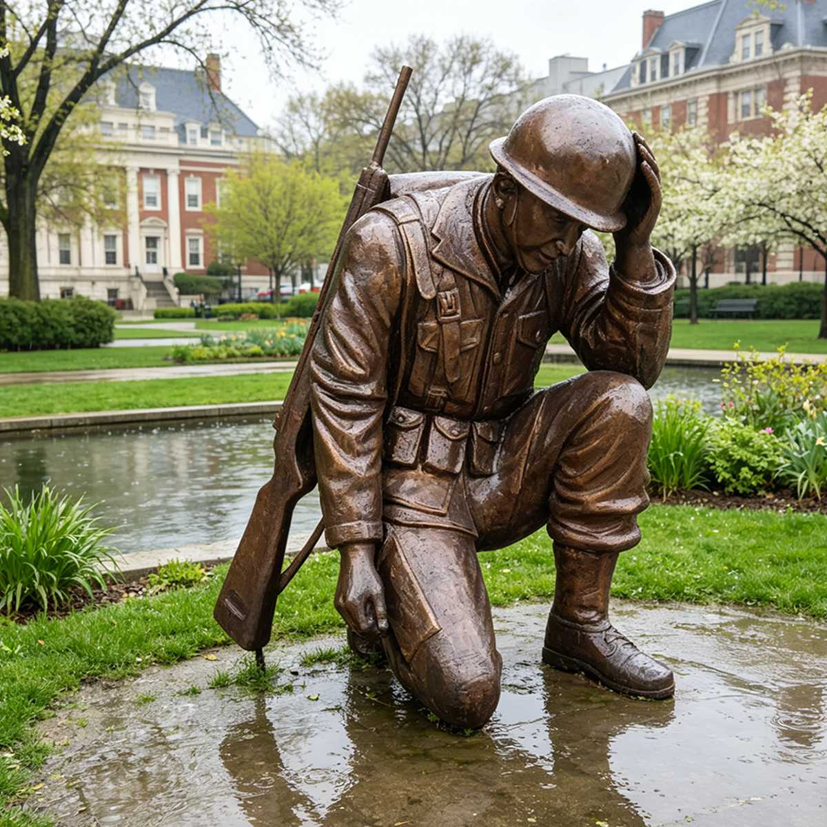 Realistic Bronze Military Memorial Kneeling Soldier Sculpture