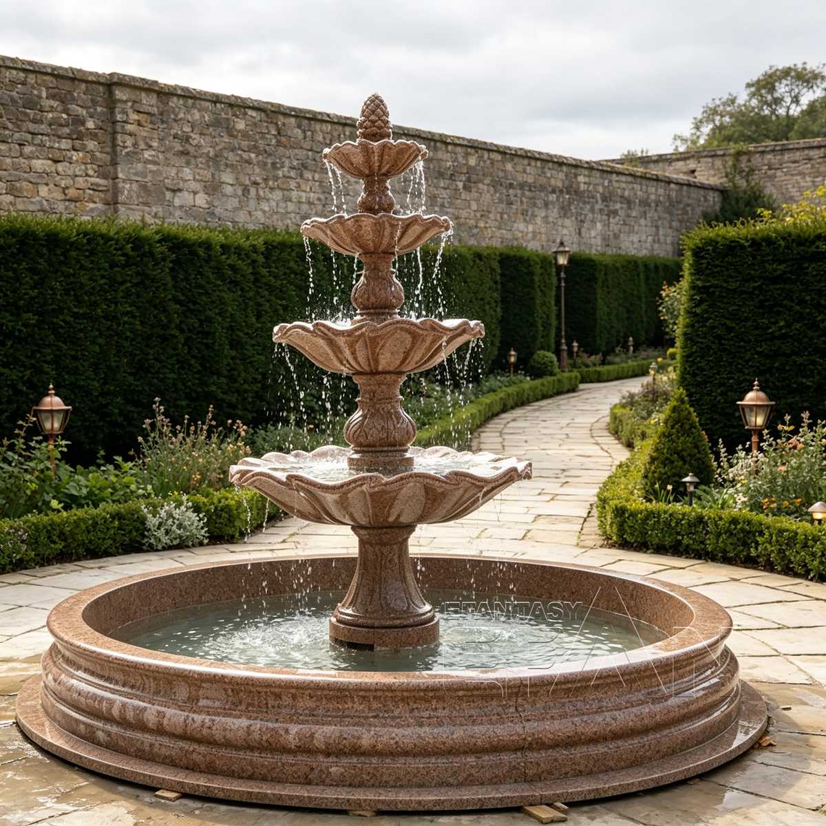 Red Granite Garden Fountain for Estate Driveway, Luxury Villa Front Yard, and Grand Landscape