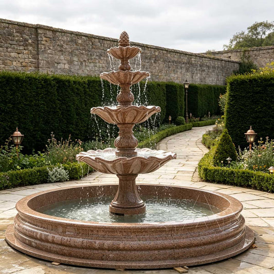 Red Granite Garden Fountain for Estate Driveway, Luxury Villa Front Yard, and Grand Landscape