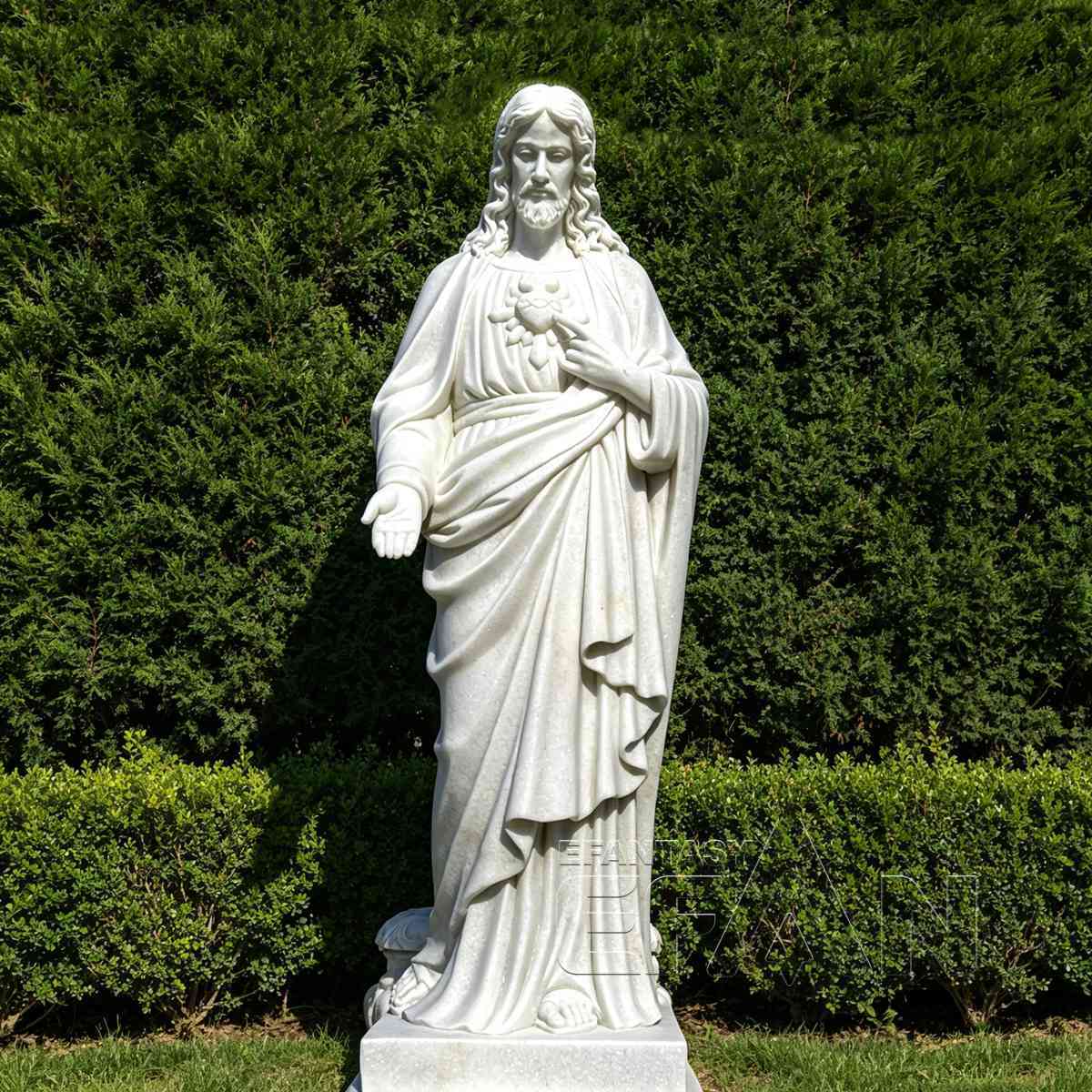 Sacred Heart of Jesus Statue - White Marble Catholic Sculpture for Church & Home