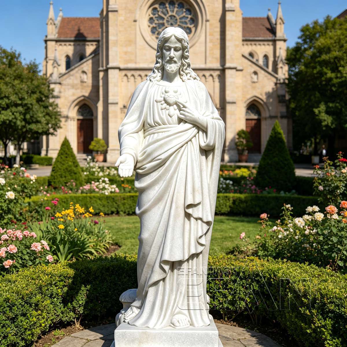 Sacred Heart of Jesus Statue - White Marble Catholic Sculpture for Church & Home