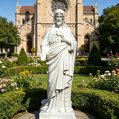 Sacred Heart of Jesus Statue - White Marble Catholic Sculpture for Church & Home