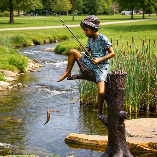 Bronze Tree Perched Fishing Boy Sculpture EFB-24