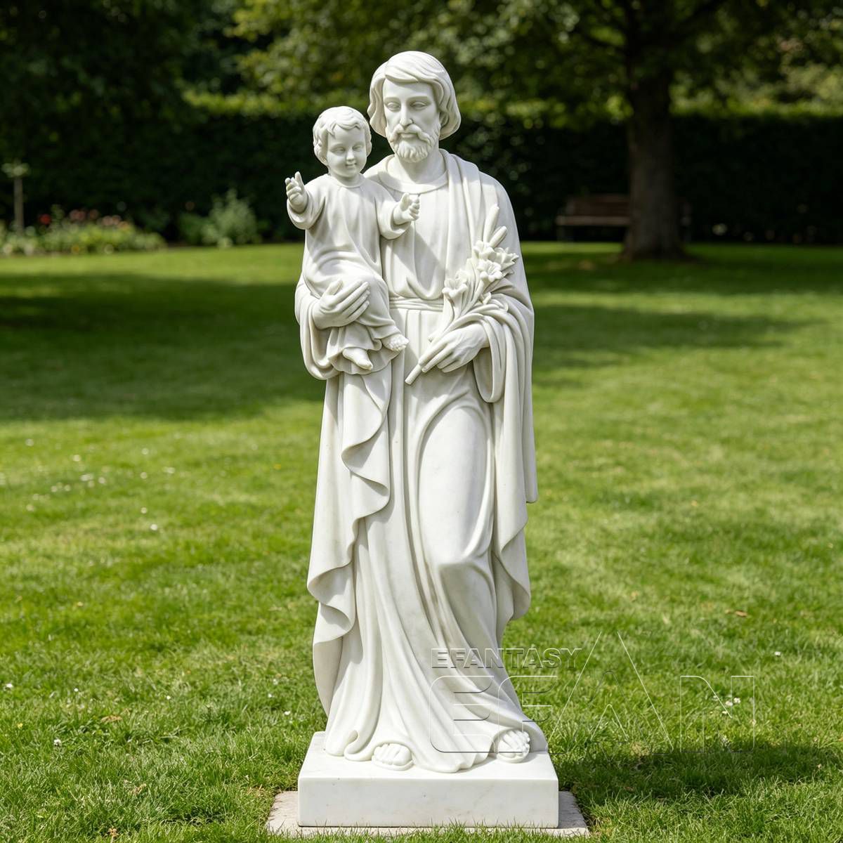 St. Joseph with Child Jesus Statue - White Marble Catholic Sculpture with Lily
