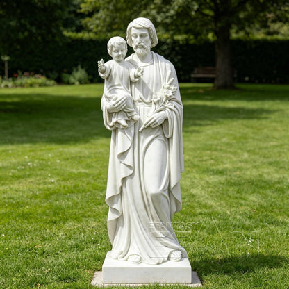 St. Joseph with Child Jesus Statue - White Marble Catholic Sculpture with Lily