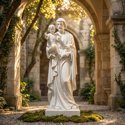 St. Joseph with Child Jesus Statue - White Marble Catholic Sculpture with Lily