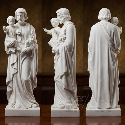 St. Joseph with Child Jesus Statue - White Marble Catholic Sculpture with Lily