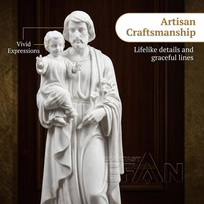 St. Joseph with Child Jesus Statue - White Marble Catholic Sculpture with Lily