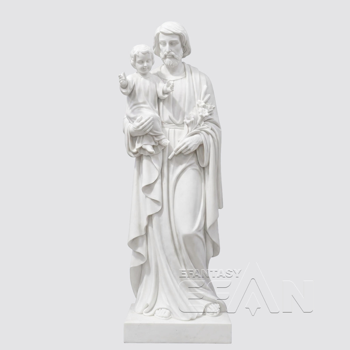 St. Joseph with Child Jesus Statue - White Marble Catholic Sculpture with Lily