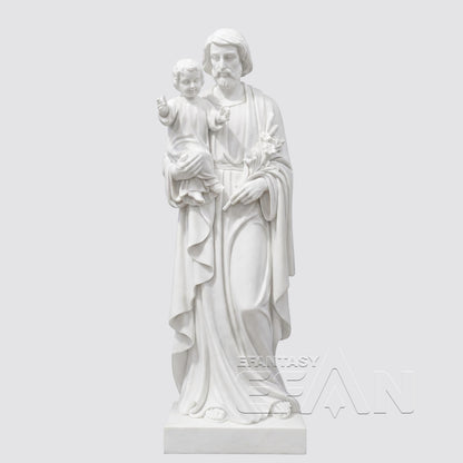 St. Joseph with Child Jesus Statue - White Marble Catholic Sculpture with Lily