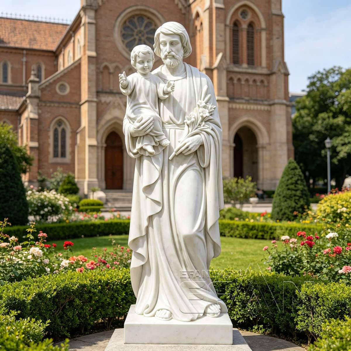 St. Joseph with Child Jesus Statue - White Marble Catholic Sculpture with Lily