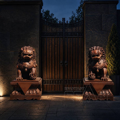 Traditional Bronze Chinese Foo Dog Statues Pair for Entrance