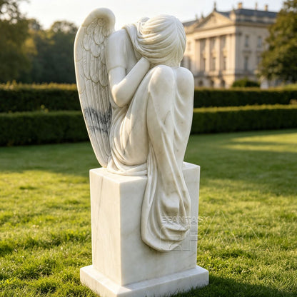Weeping Angel Marble Statue on Pedestal for Memorial Gardens