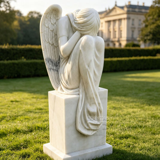 Weeping Angel Marble Statue on Pedestal for Memorial Gardens