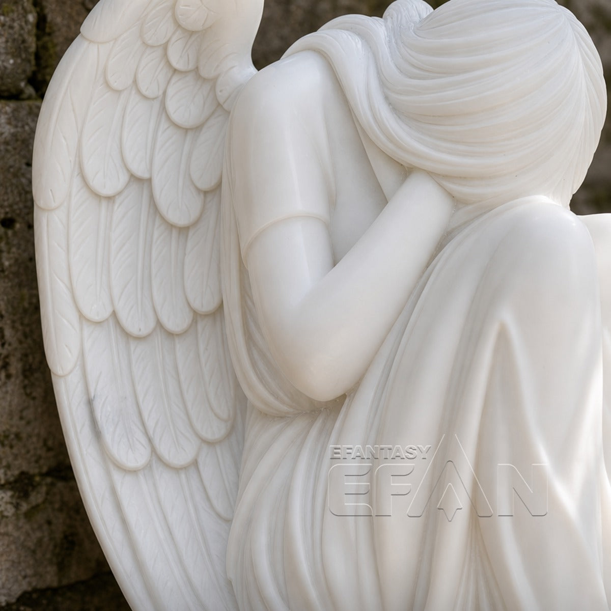 Weeping Angel Marble Statue on Pedestal for Memorial Gardens