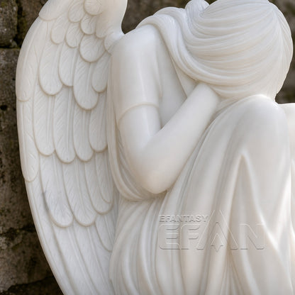 Weeping Angel Marble Statue on Pedestal for Memorial Gardens
