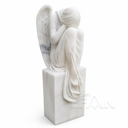 Weeping Angel Marble Statue on Pedestal for Memorial Gardens