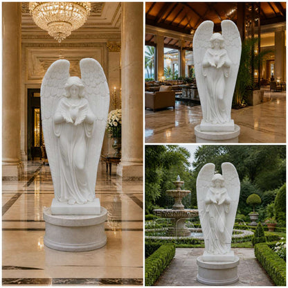 White Marble Angel Statue with Dove for Garden & Entrances