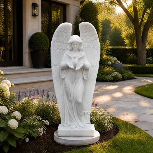 White Marble Angel Statue with Dove for Garden & Entrances