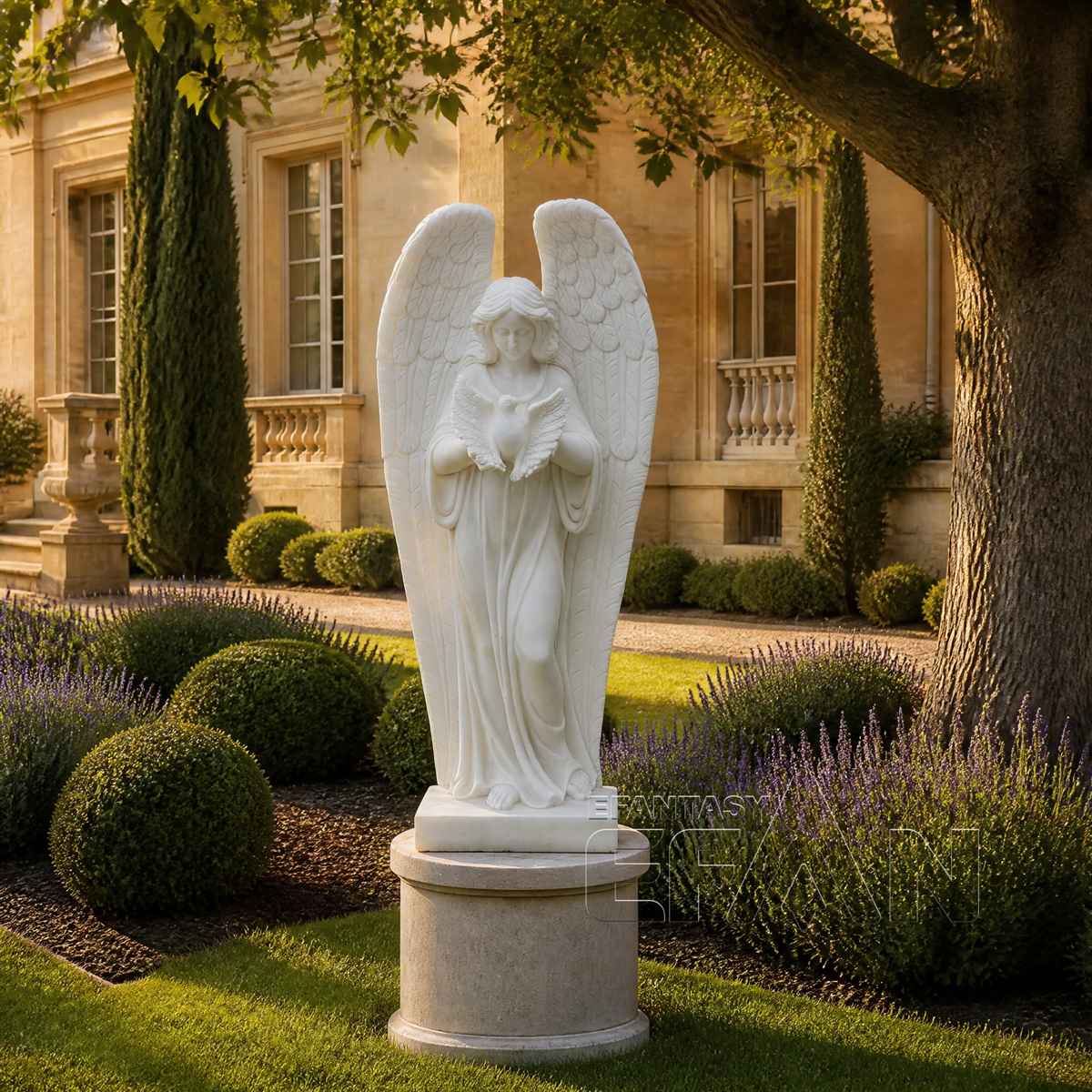 White Marble Angel Statue with Dove for Garden & Entrances