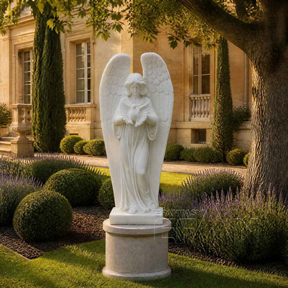 White Marble Angel Statue with Dove for Garden & Entrances