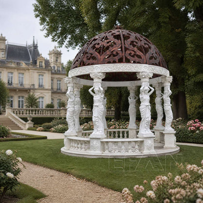 White Marble Caryatid Gazebo with Bronze Wrought Iron Dome for Estate Gardens