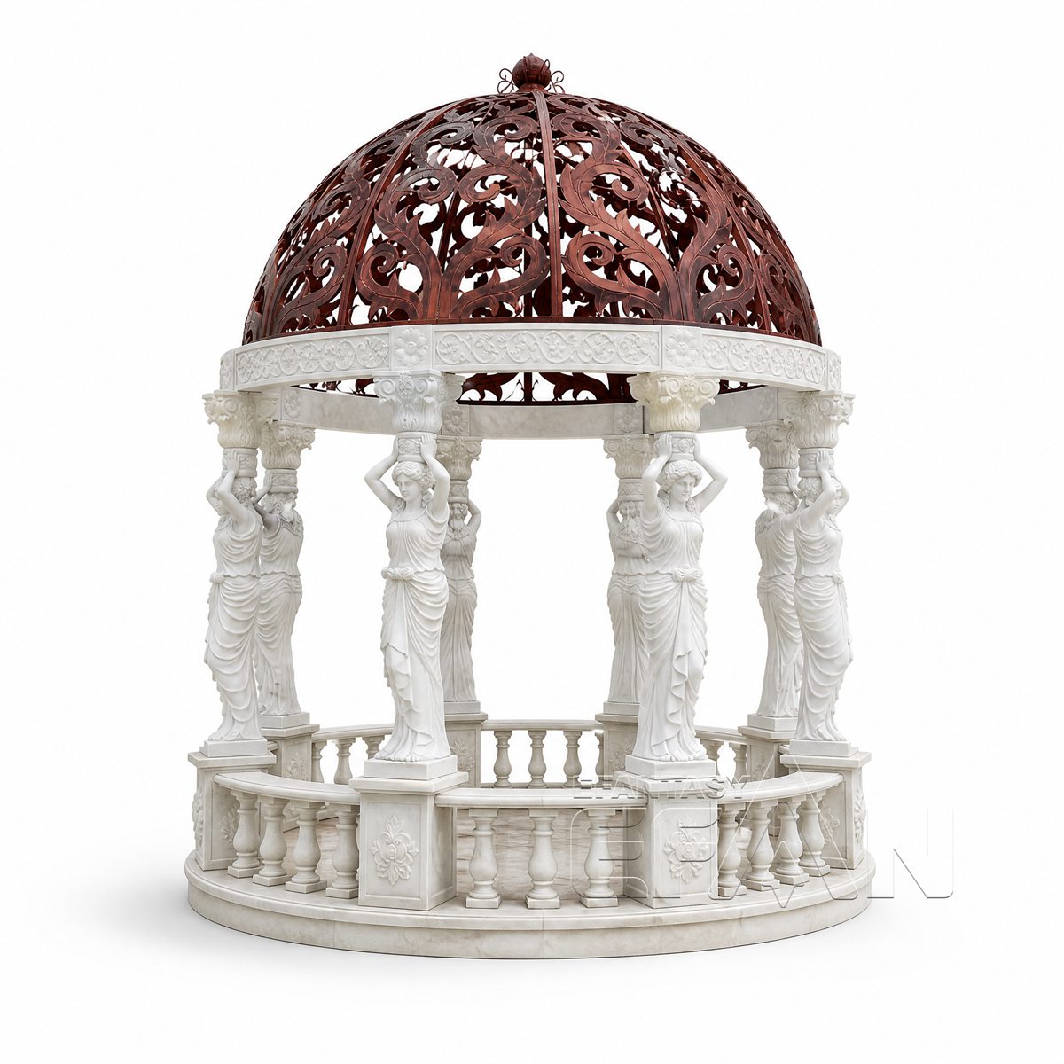 White Marble Caryatid Gazebo with Bronze Wrought Iron Dome for Estate Gardens