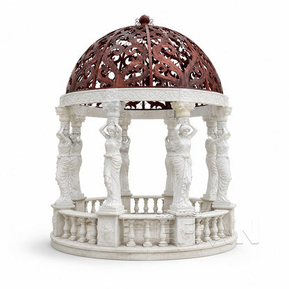 White Marble Caryatid Gazebo with Bronze Wrought Iron Dome for Estate Gardens