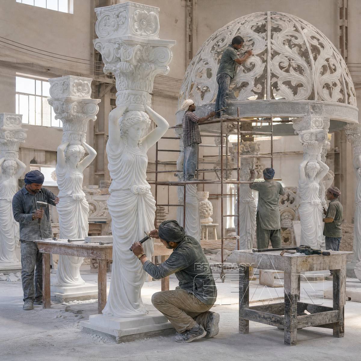White Marble Caryatid Gazebo with Bronze Wrought Iron Dome for Estate Gardens