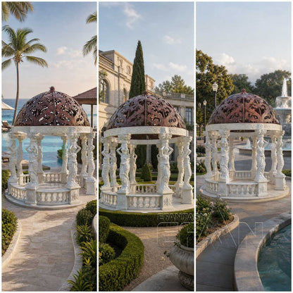 White Marble Caryatid Gazebo with Bronze Wrought Iron Dome for Estate Gardens