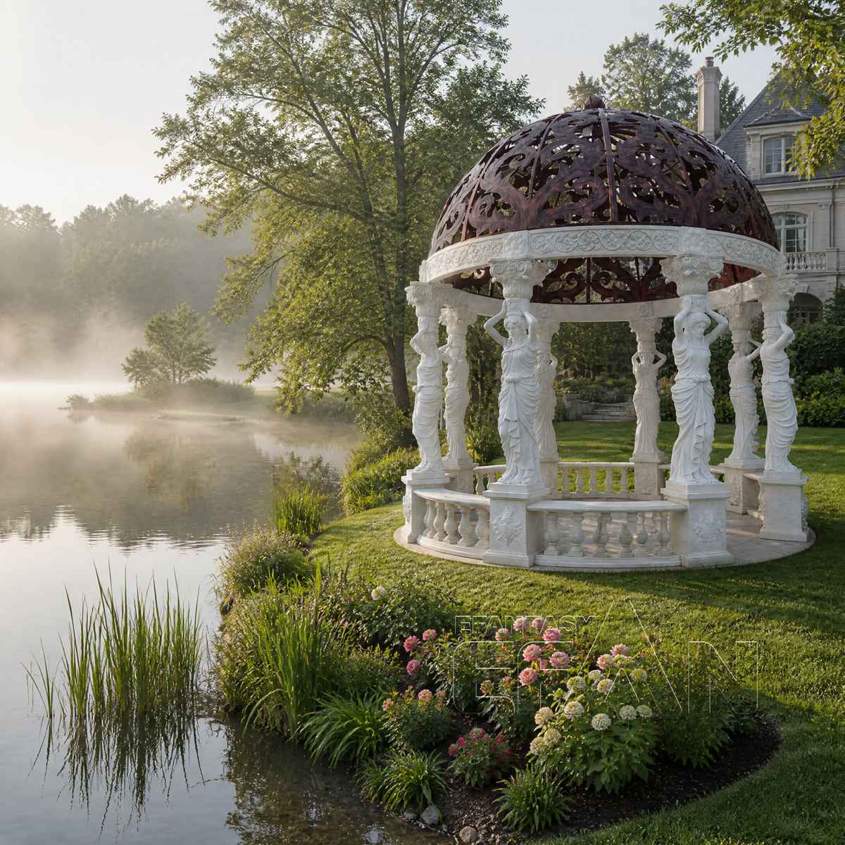 White Marble Caryatid Gazebo with Bronze Wrought Iron Dome for Estate Gardens