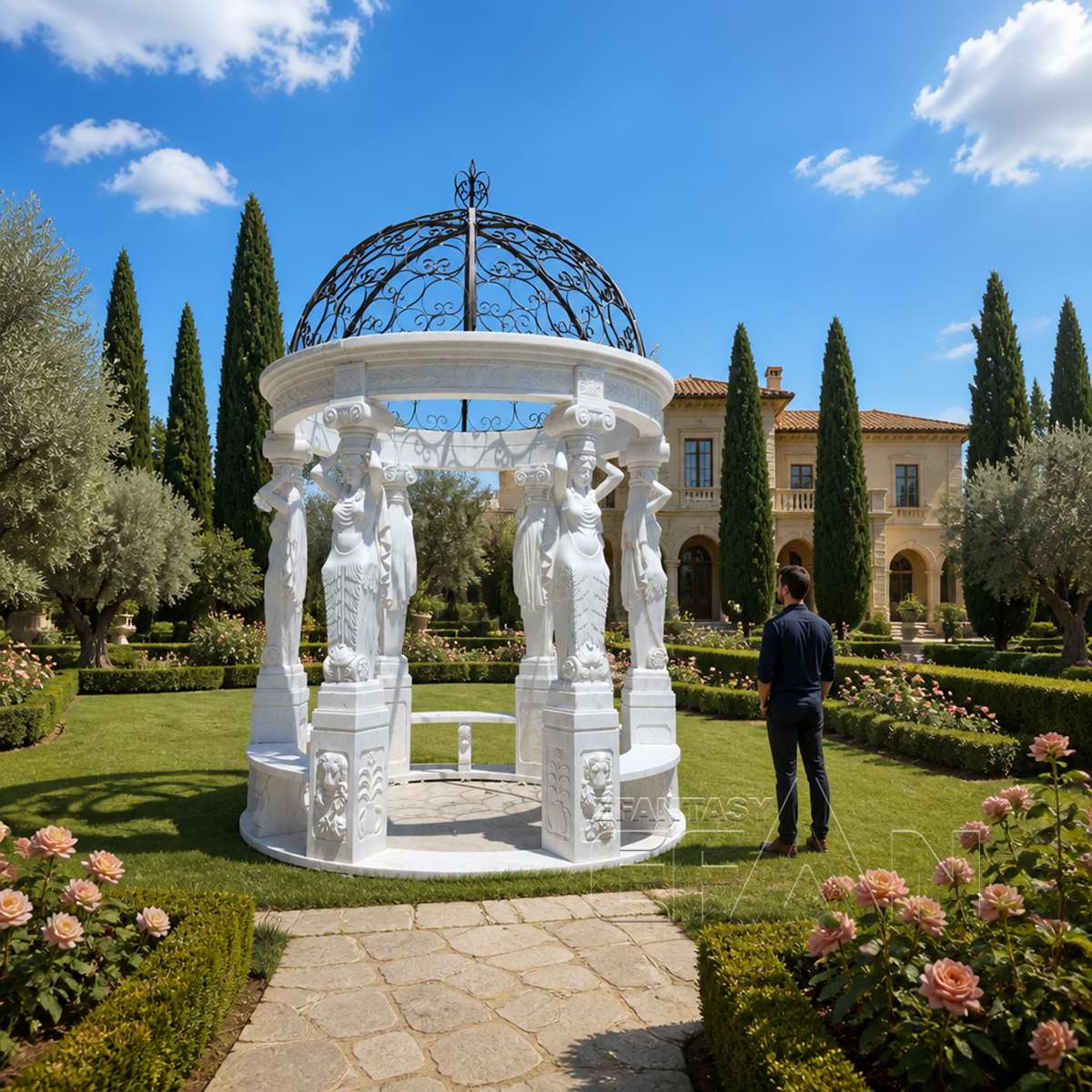 White Marble Caryatid Gazebo with Dark Iron Dome & Lion Medallion Base