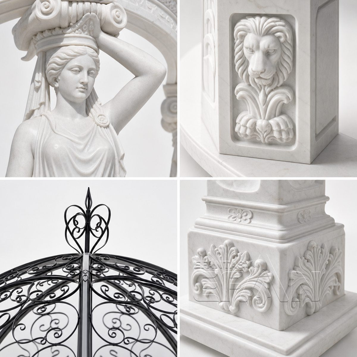 White Marble Caryatid Gazebo with Dark Iron Dome & Lion Medallion Base