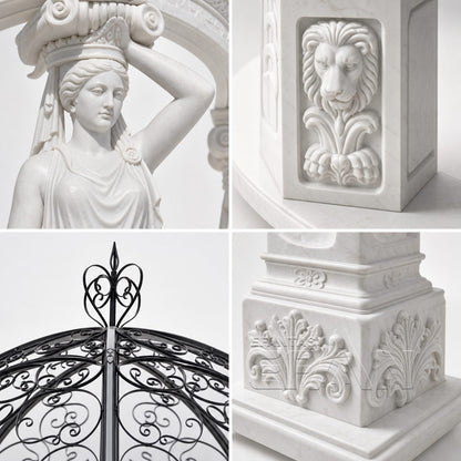 White Marble Caryatid Gazebo with Dark Iron Dome & Lion Medallion Base