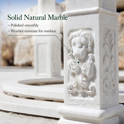 White Marble Caryatid Gazebo with Dark Iron Dome & Lion Medallion Base